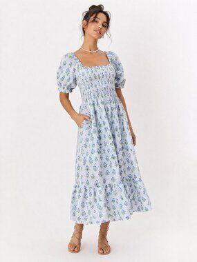 Hill House Home Louisa Nap Dress Blue White Smocked Floral Prairie Cotton Medium